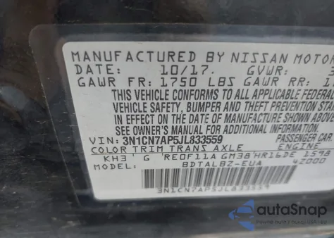 2018 Nissan Versa 1.6 Sv from USA, damaged, VIN 3N1CN7AP5JL833559